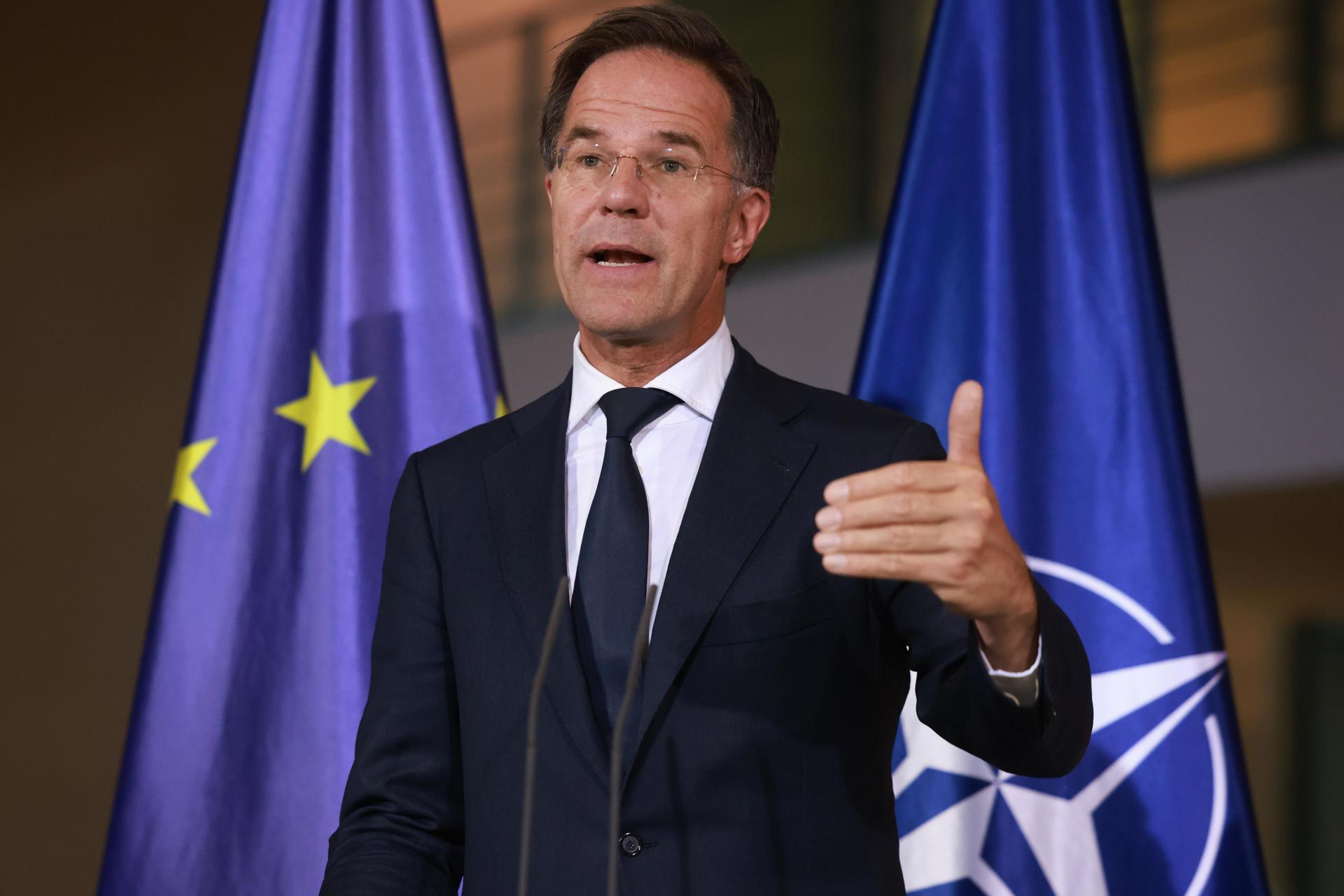 - El Secretario General de la OTAN, Mark Rutte, habla durante una conferencia de prensa en la Cancillería en Berlín, Alemania, el 04 de noviembre de 2024. El canciller alemán Olaf Scholz y el primer ministro neerlandés Mark Rutte se reunieron para conversaciones bilaterales. (Germany) EFE/EPA/CLEMENS BILAN