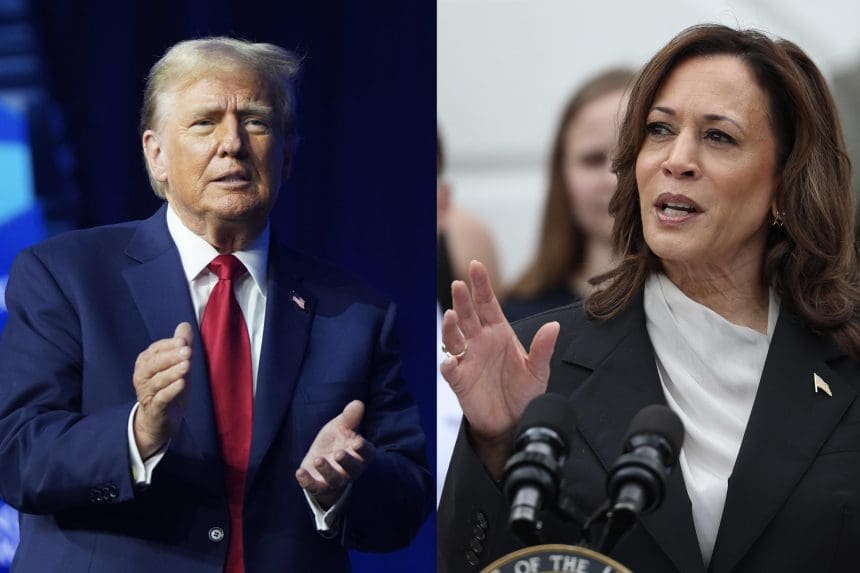 Combo de fotografías donde se observa a los candidatos a la presidencia de Estados Unidos, el expresidente Donald Trump y a la actual vicepresidenta, Kamala Harris. EFE/ Ting Shen / Pool