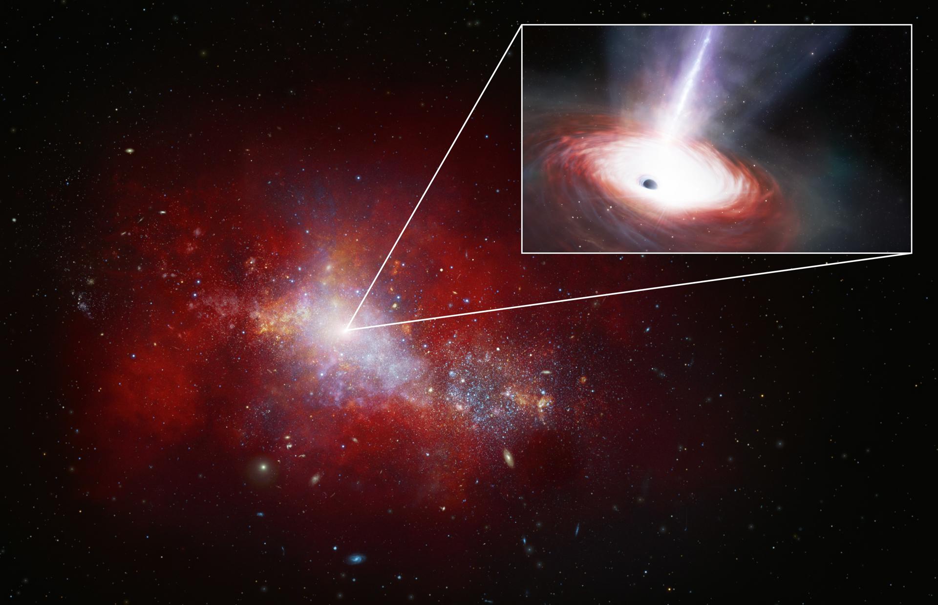 Ilustración artística que muestra una galaxia enana roja de principios del Universo que alberga en su centro un agujero negro que se alimenta de materia a un ritmo extremo, 40 veces superior al límite teórico, según el hallazgo descrito hoy en la revista Nature Astronomy. CRÉDITO NOIRLab/NSF/AURA/J. da Silva/M. Zamani