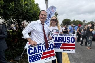 El representante estatal Mike Caruso sostiene unas pancartas de su campaña este martes en Palm Beach, Florida (Estados Unidos). Decenas de simpatizantes de Donald Trump se reunieron en el centro de votación del Morton and Barbara Mandel Recreation Center, de Palm Beach (Florida, EE.UU.), para apoyarlo y acompañarlo a votar en el lugar. EFE/ Alicia Civita