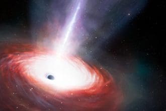 Esta ilustración artística muestra un agujero negro que se alimenta rápidamente y que emite potentes flujos de gas, recreando  el hallazgo descrito hoy en la revista Nature Astronomy. CRÉDITO: NOIRLab/NSF/AURA/J. da Silva/M. Zamani