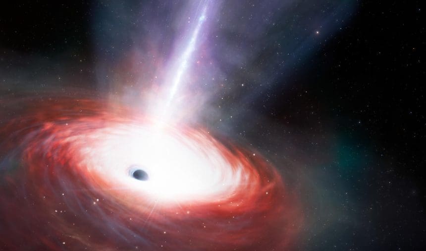 Esta ilustración artística muestra un agujero negro que se alimenta rápidamente y que emite potentes flujos de gas, recreando  el hallazgo descrito hoy en la revista Nature Astronomy. CRÉDITO: NOIRLab/NSF/AURA/J. da Silva/M. Zamani