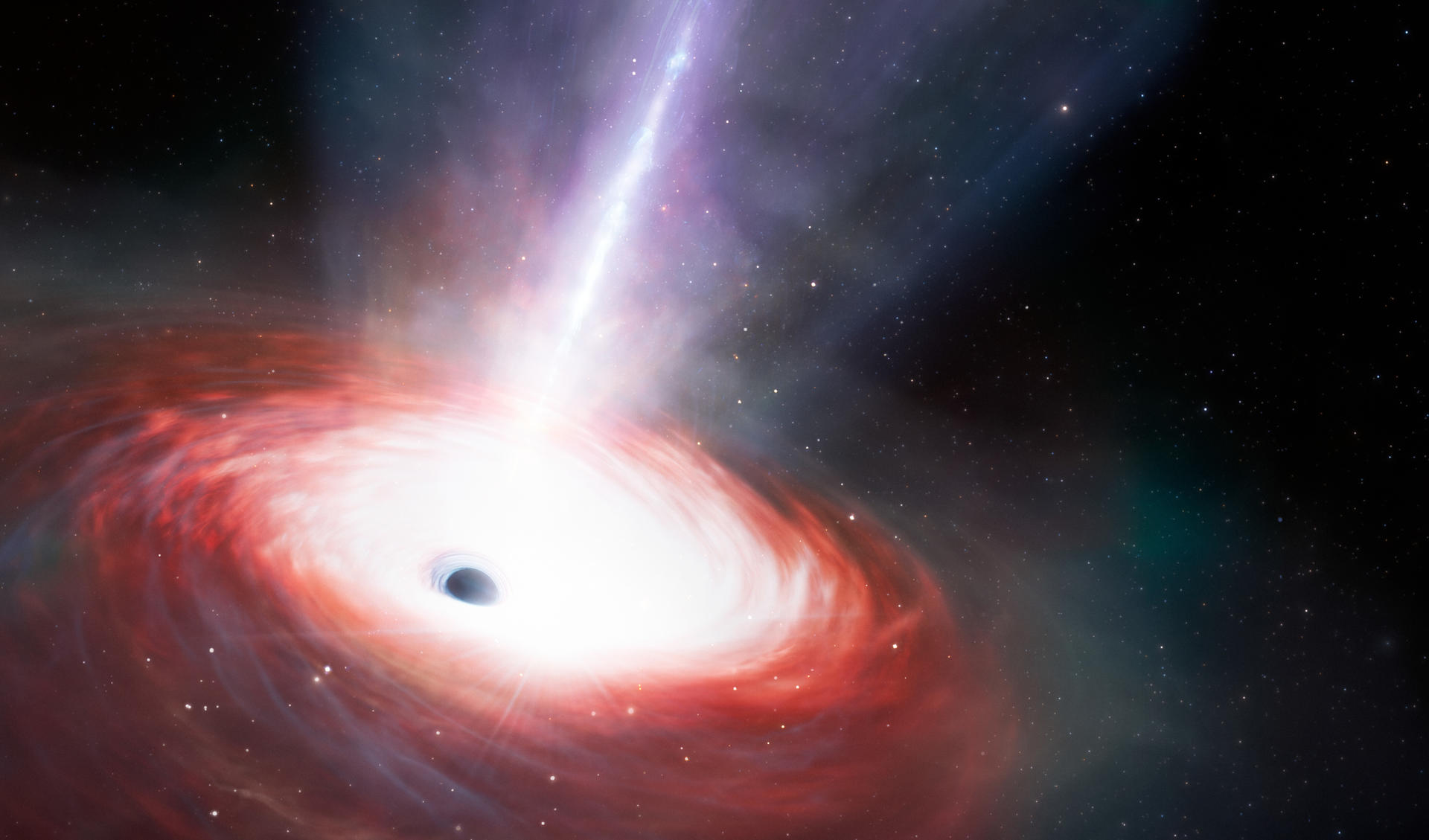 Esta ilustración artística muestra un agujero negro que se alimenta rápidamente y que emite potentes flujos de gas, recreando  el hallazgo descrito hoy en la revista Nature Astronomy. CRÉDITO: NOIRLab/NSF/AURA/J. da Silva/M. Zamani