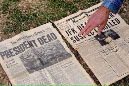 Imagen de archivo de un hombre que muestra un periódico de 1963 que informa sobre el asesinato de Kennedy en el monumento en memoria de John F. Kennedy en Dealey Plaza, el lugar donde fue asesinado, en Dallas, Texas, EEUU. EFE/Larry W. Smith