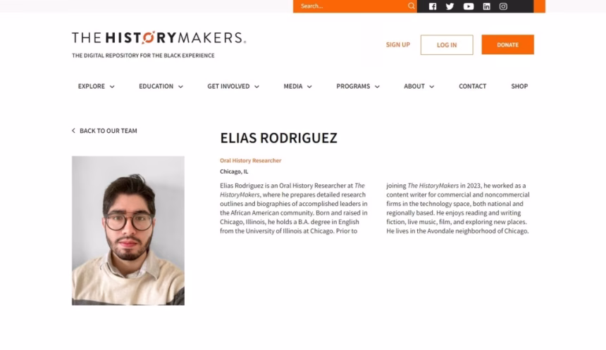 Captura de pantalla de la página de The History Makers que muestra la biografía del perpetrador del tiroteo de Washington Elías Rodríguez. Rodríguez, un filólogo de 30 años de Chicago que tuvo conexión en el pasado con un grupo de izquierda, es el principal acusado de asesinar el miércoles a dos trabajadores de la embajada de Israel en EE.UU. a su salida del Museo Judío de Washington después de que él mismo indicara a la Policía dónde estaba el arma que supuestamente usó. EFE/ Thehistorymakers.org /SOLO USO EDITORIAL NO VENTAS/SOLO DISPONIBLE PARA ILUSTRAR LA NOTICIA QUE ACOMPAÑA (CRÉDITO OBLIGATORIO)