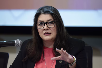 La integrante de la Comisión Representativa ante Organismos de Seguridad Social, Cristina Zoé Gómez, habla este miércoles durante una rueda de prensa en Ciudad de México (México). EFE/José Méndez