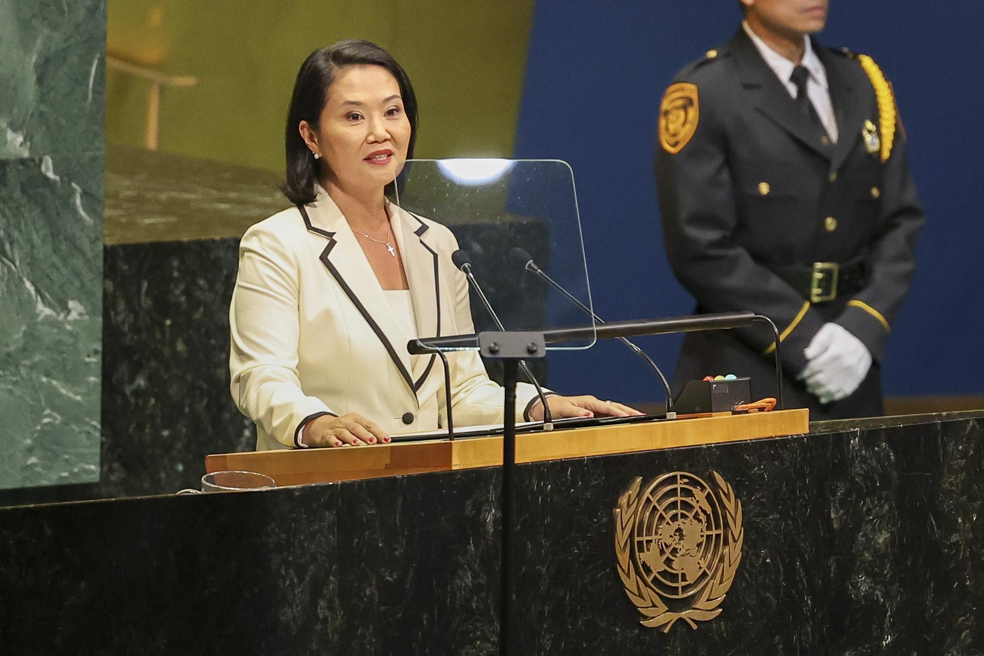 La presidenta de Perú, Keiko Sofia Fujimori Higuchi, en la ONU. EFE/SARAH YENESEL